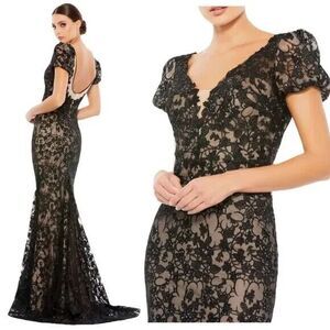 NEW Mac Duggal 50644 Lace Plunge Neck Puff Sleeve‎ Trumpet Gown Black Nude